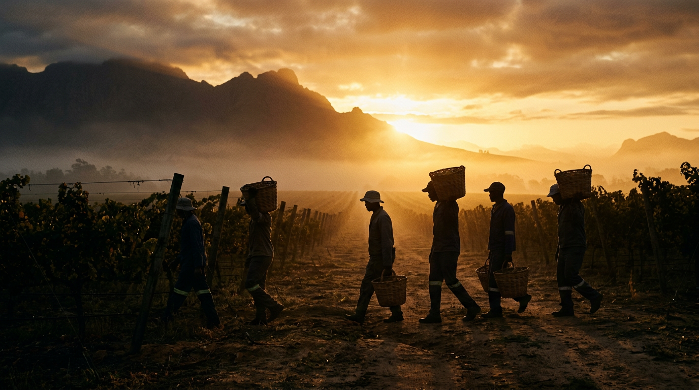 Chenin Blanc Südafrika: Kaufberatung für deine perfekte Auswahl | The WineStore - Sunrise silhouette of pickers walking into a vineyard with baskets