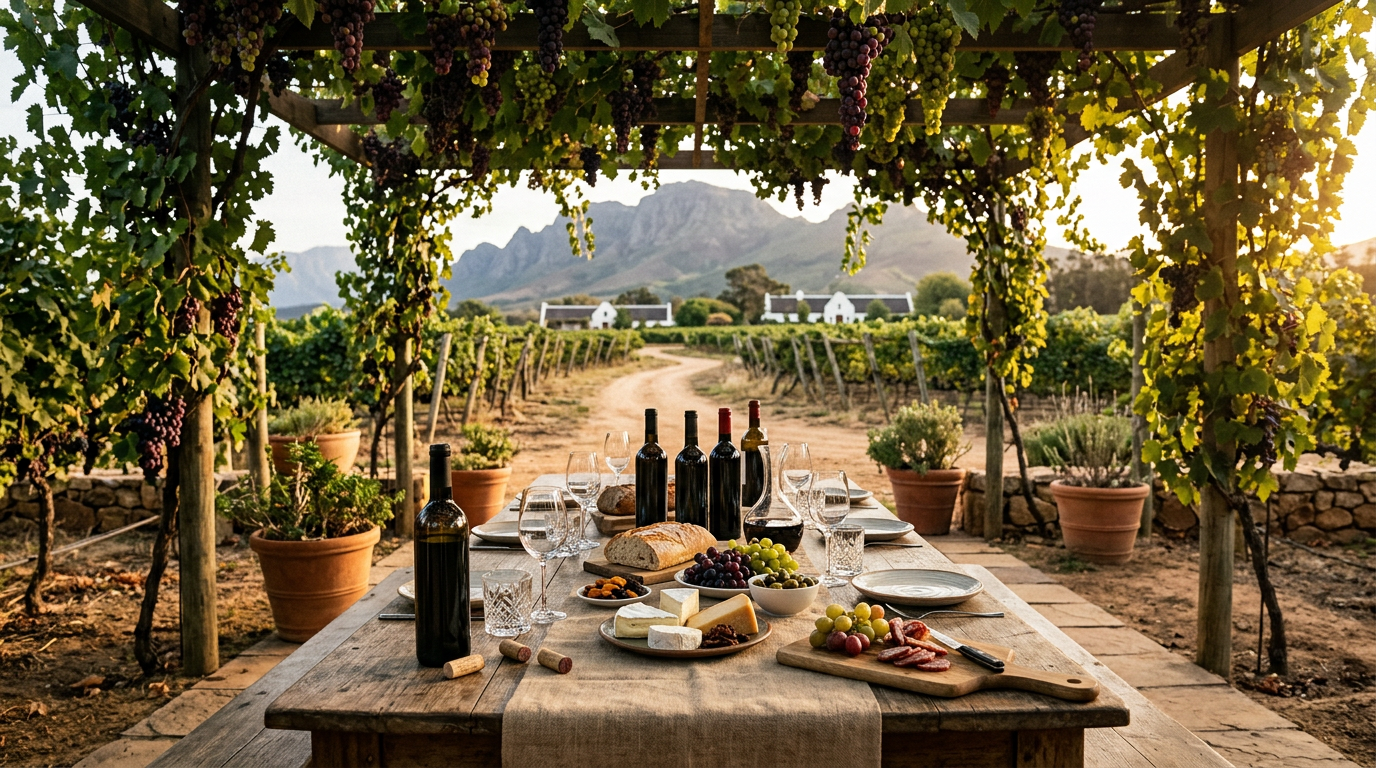 Glen Carlou Wein: Das Südafrikanische Erbe neu entdeckt | The WineStore - A rustic long table under a pergola of vines heavy with grapes