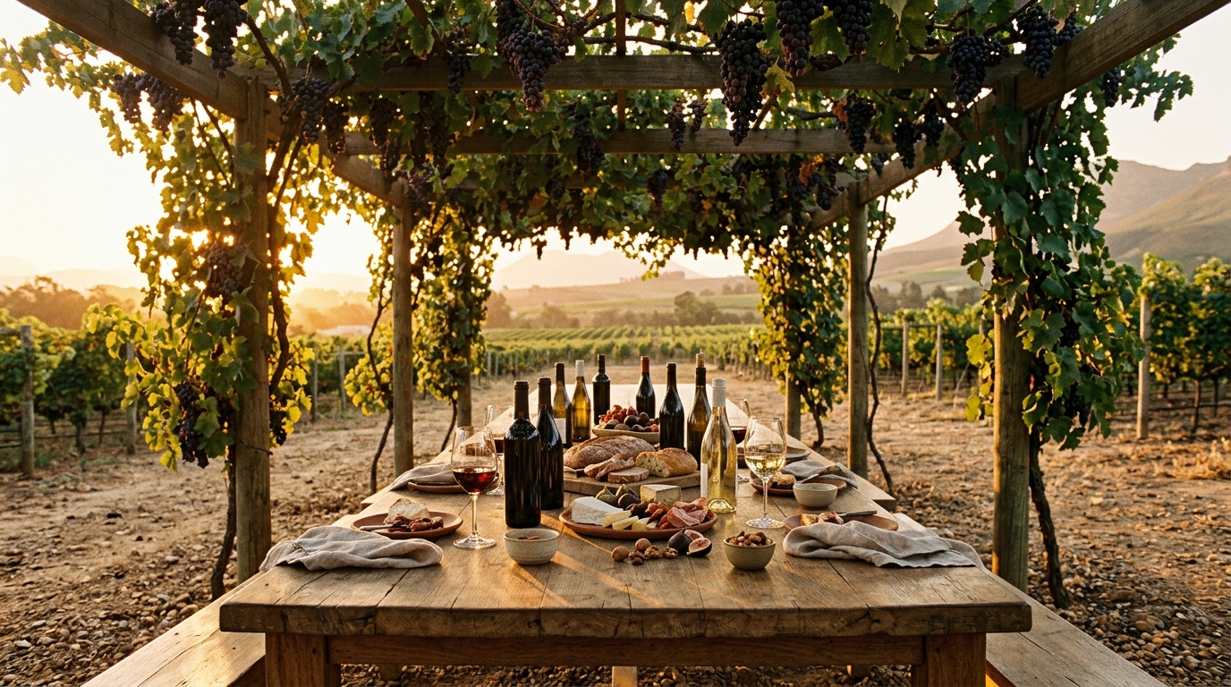 Kleine Zalze Wein: Dein Guide zu Südafrikas Weinschatz | The WineStore - A rustic long table under a pergola of vines heavy with grapes