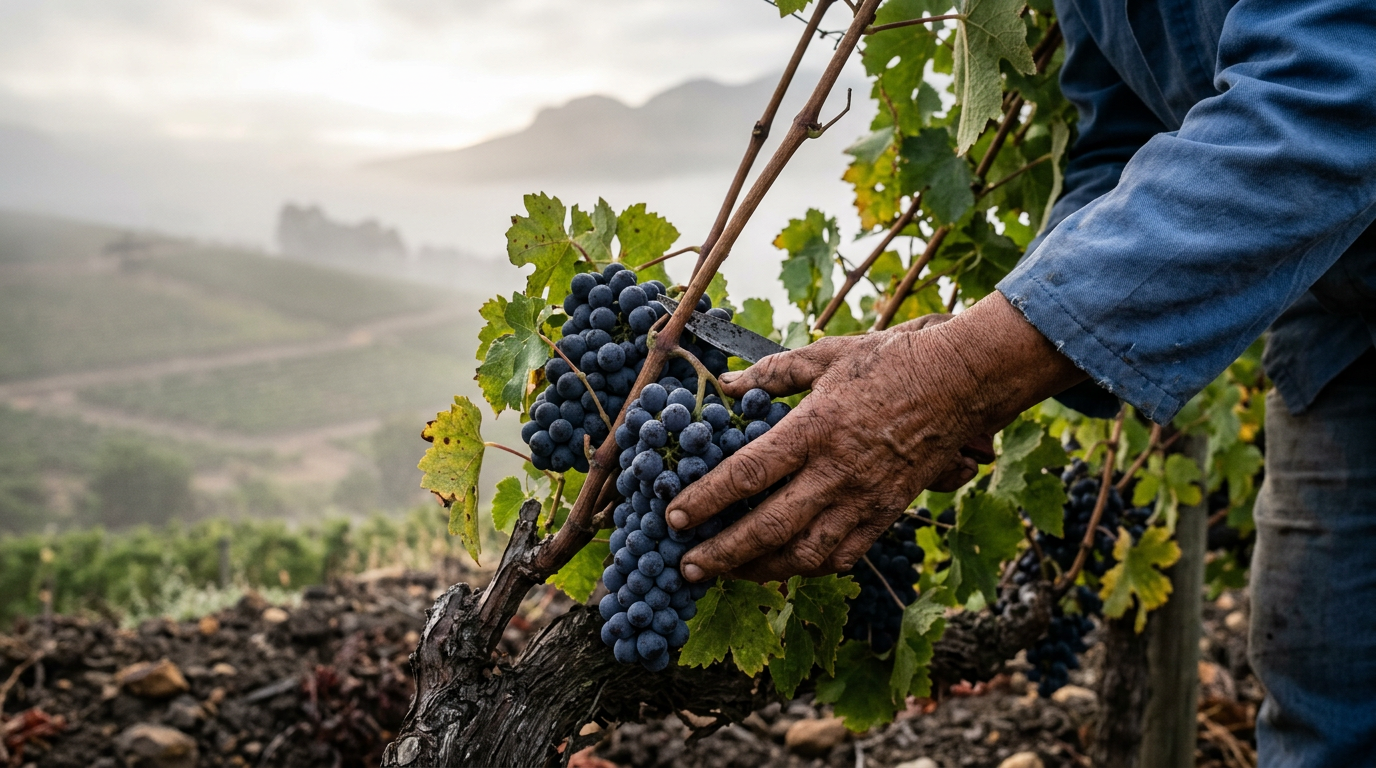 chenin blanc südafrika - A close-up of a weathered hand harvesting deep purple grapes from an old bush vine