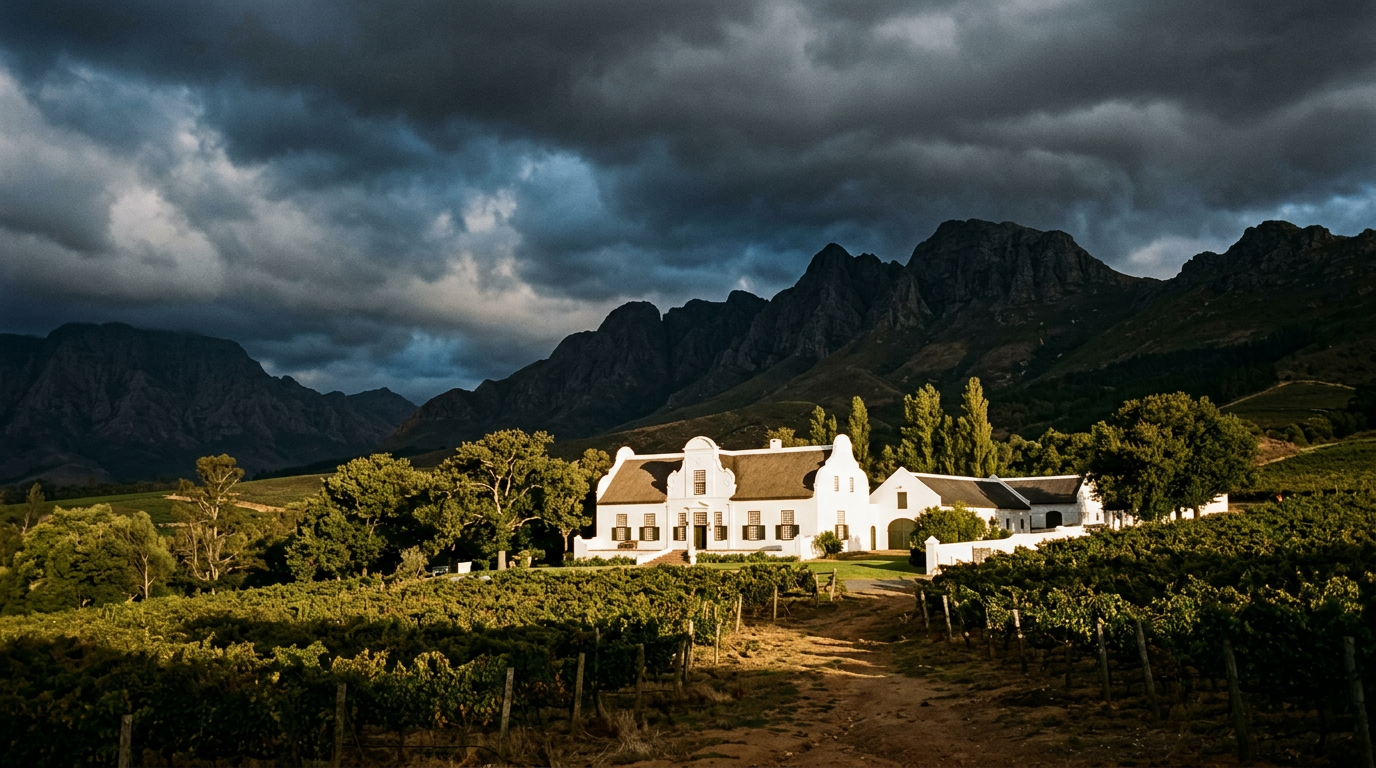 Chenin Blanc Südafrika: Speiseempfehlung - A lone Cape Dutch gable wine estate glowing white against dark storm clouds over jagged mountains