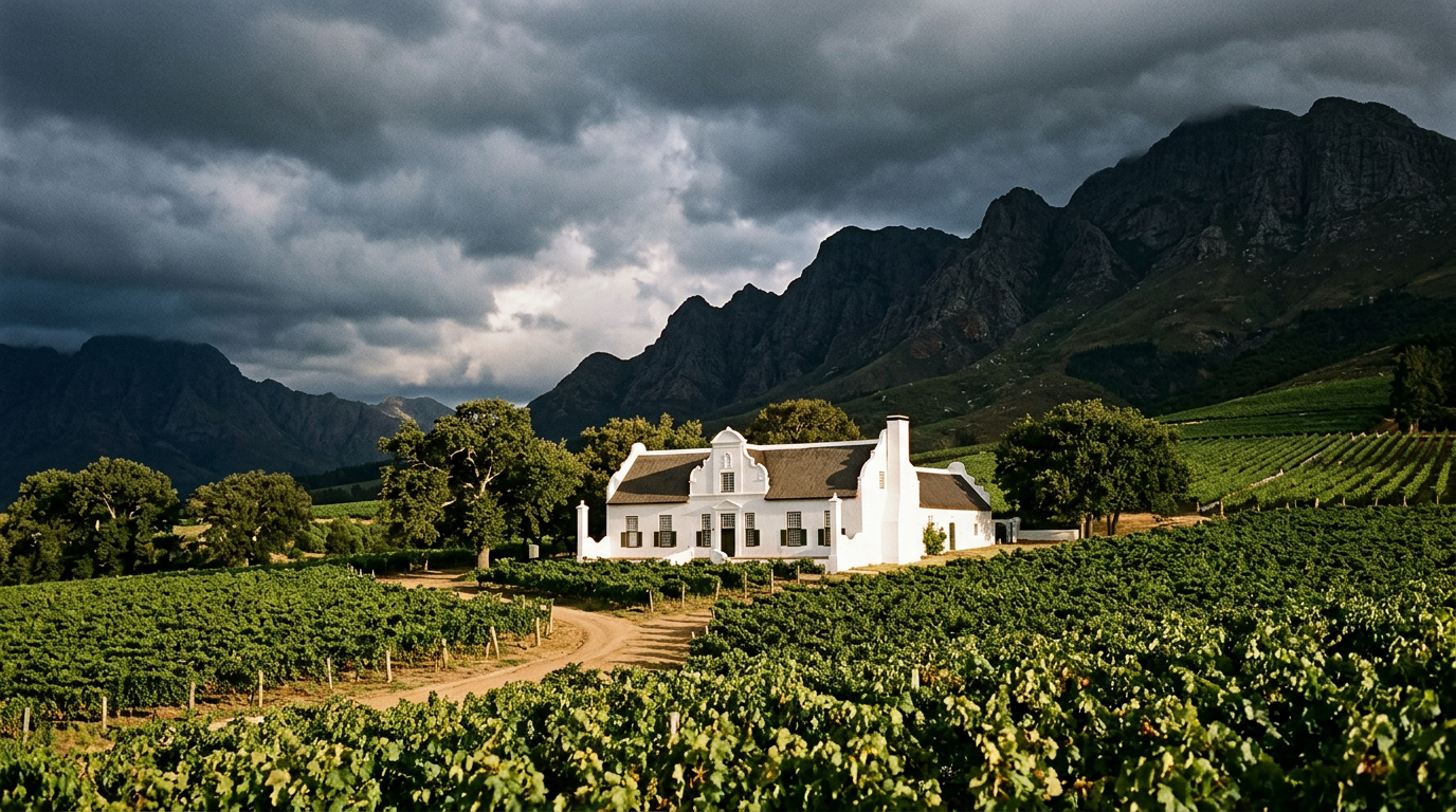Chenin Blanc Südafrika: Kaufberatung & Auswahl - A lone Cape Dutch gable wine estate glowing white against dark storm clouds over jagged mountains