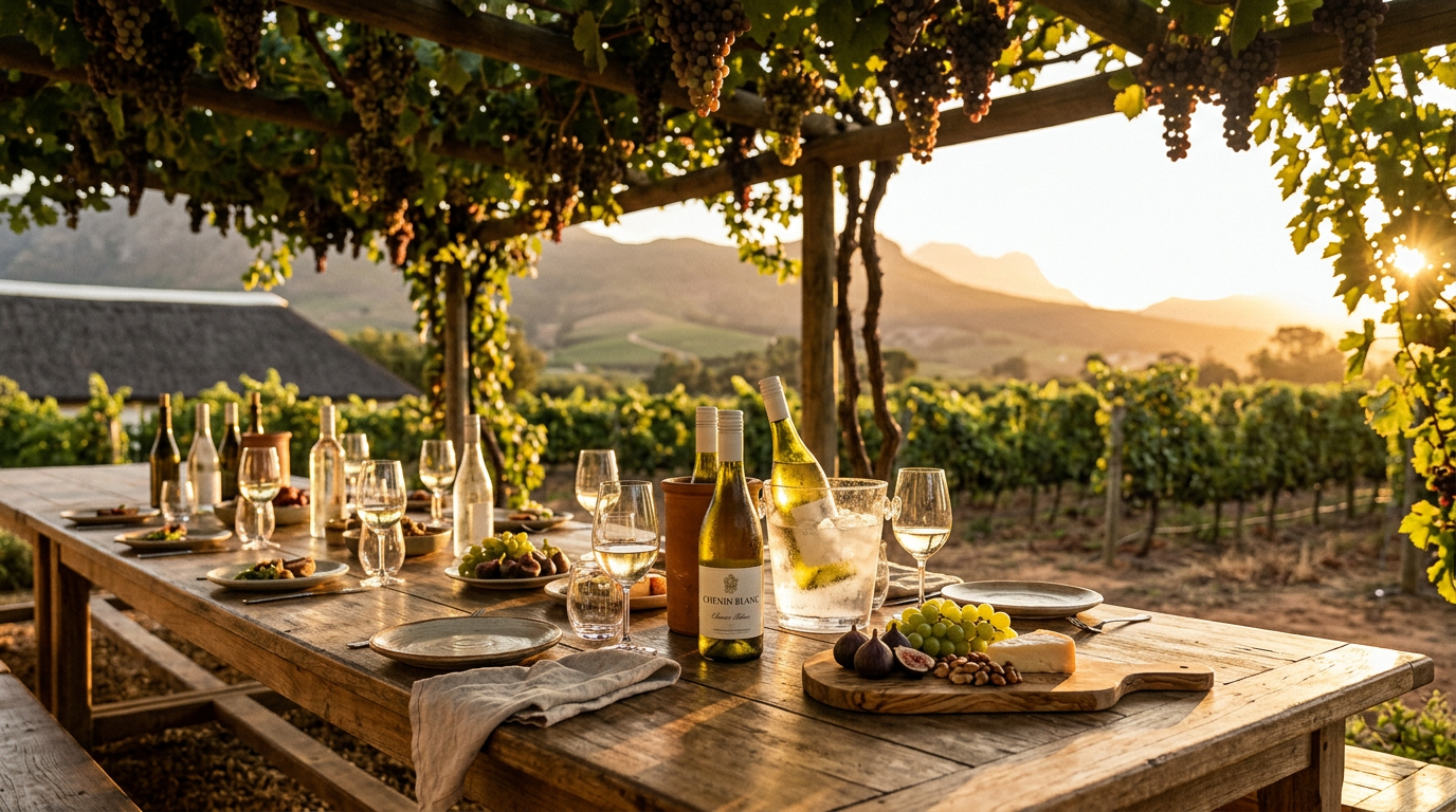 Chenin Blanc Südafrika: Servieren & Temperatur - A rustic long table under a pergola of vines heavy with grapes