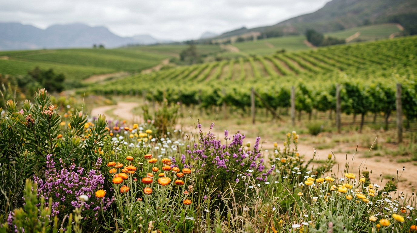 Chenin Blanc Südafrika: Anbaugebiete & Herkunft - Wildflowers and fynbos in the foreground with out-of-focus vineyards behind