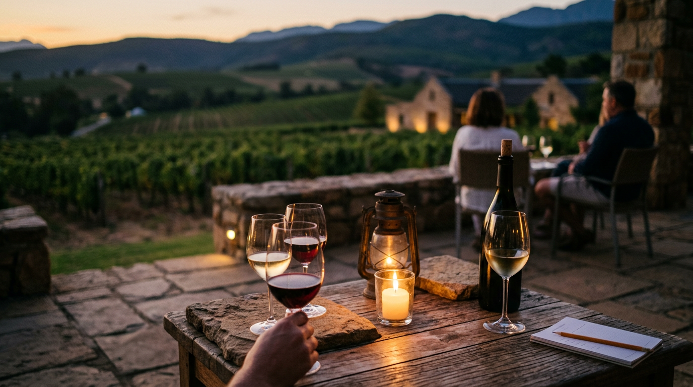 glen carlou wein - A candlelit tasting table on a stone terrace at dusk