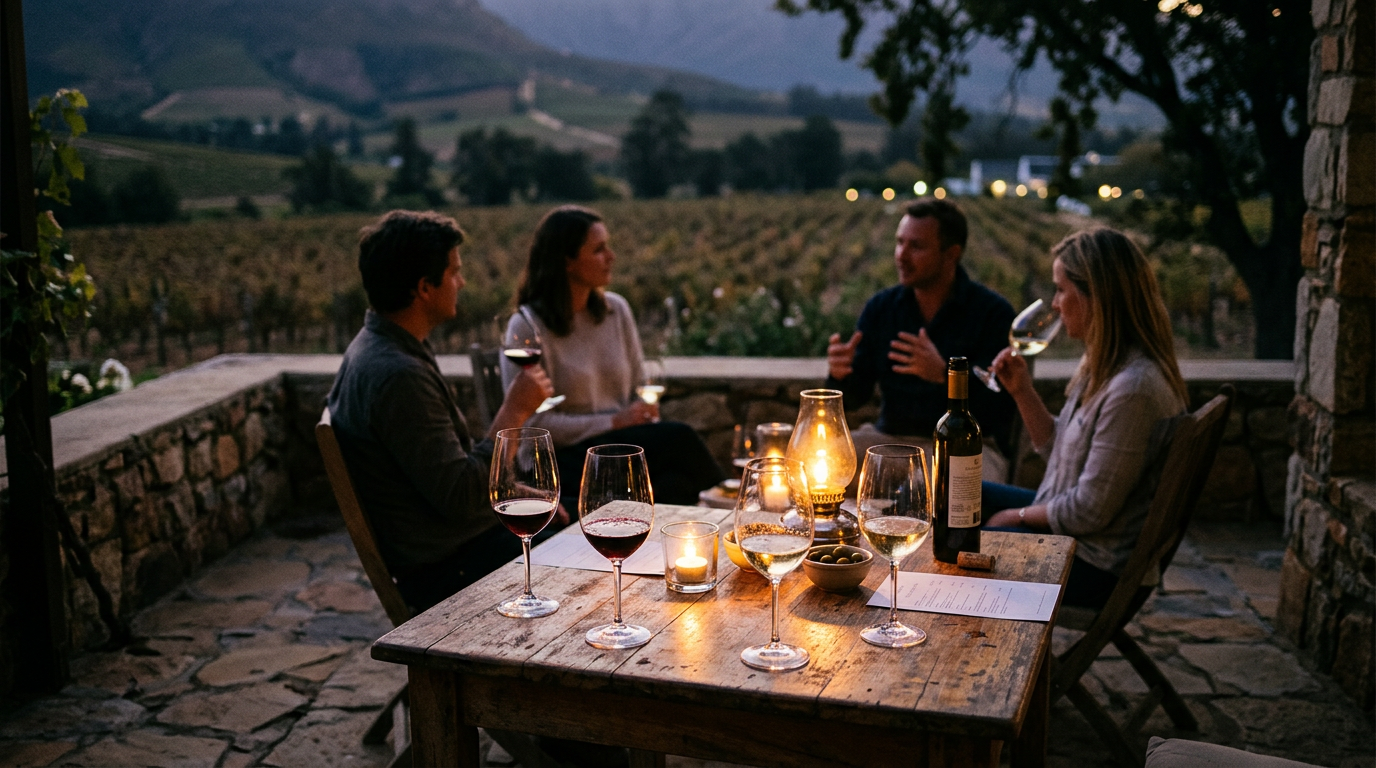 kleine zalze wein - A candlelit tasting table on a stone terrace at dusk