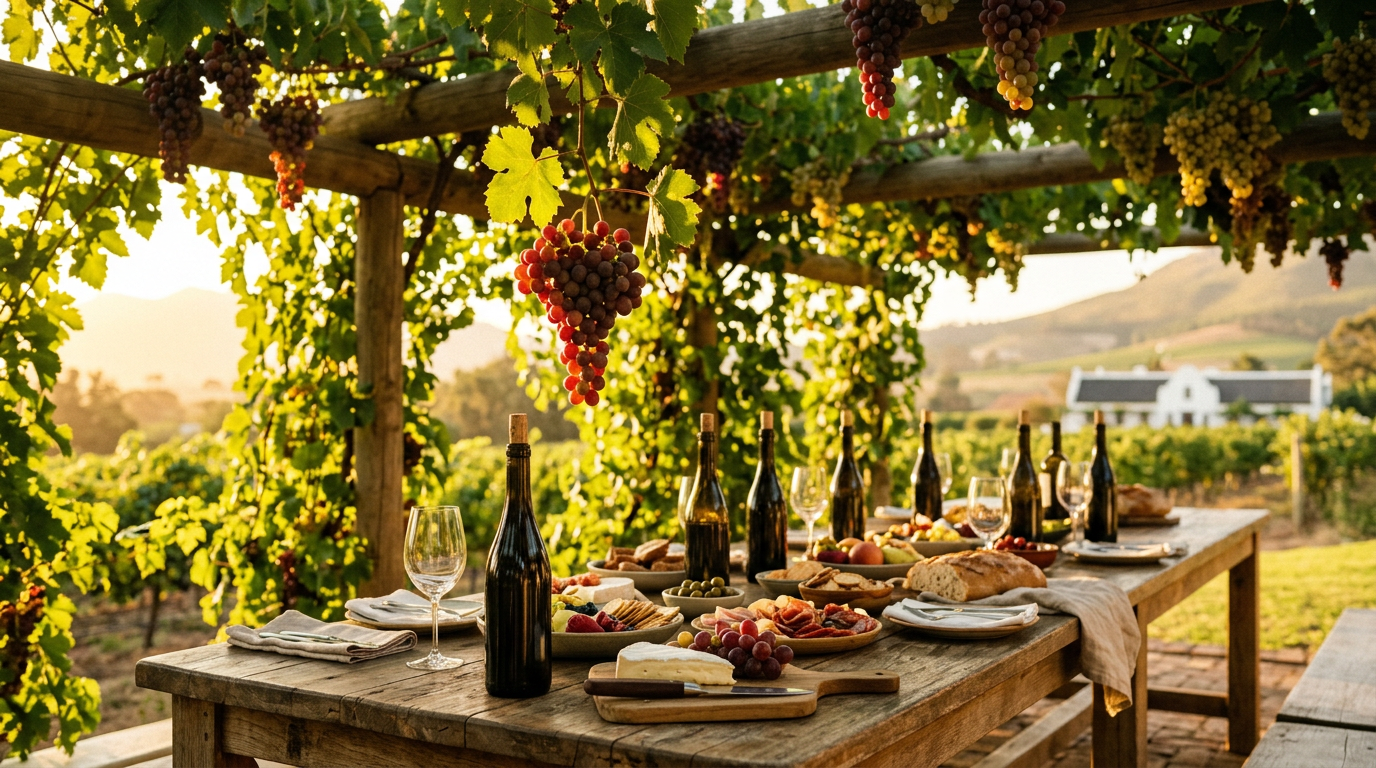 peter falke wines - A rustic long table under a pergola of vines heavy with grapes