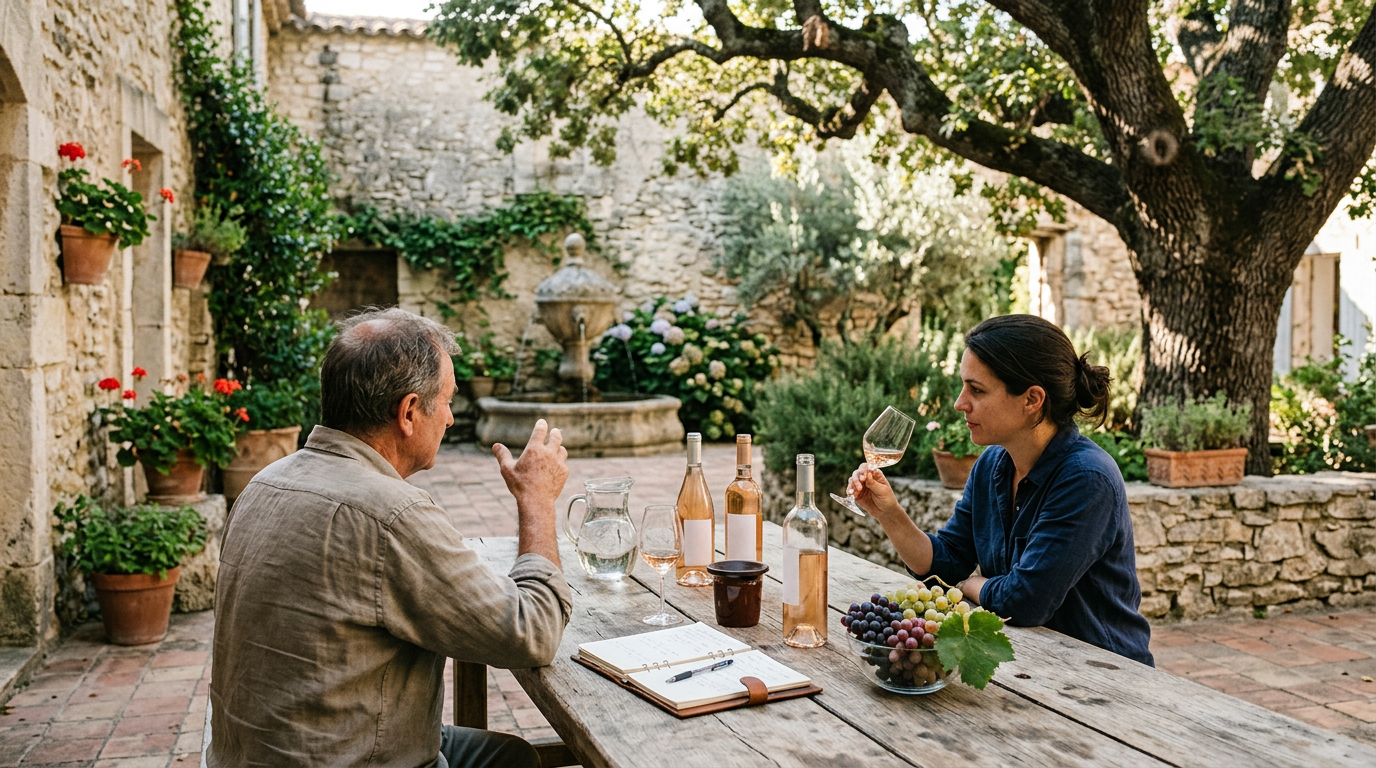 how is rose wine made - A stone-walled tasting room courtyard with a fountain and an old oak tree